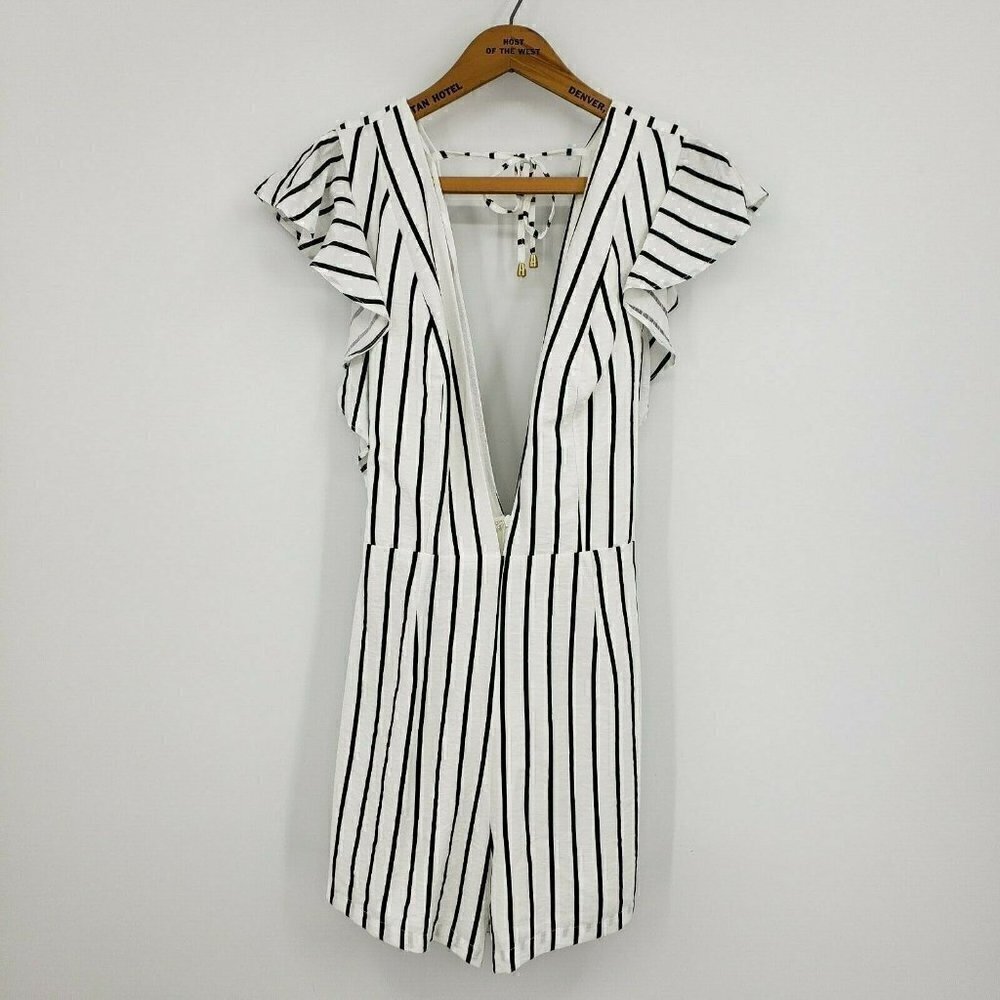 New Saints + Secrets Romper Large Black White Stripe Ruffle Shorts Deep V
